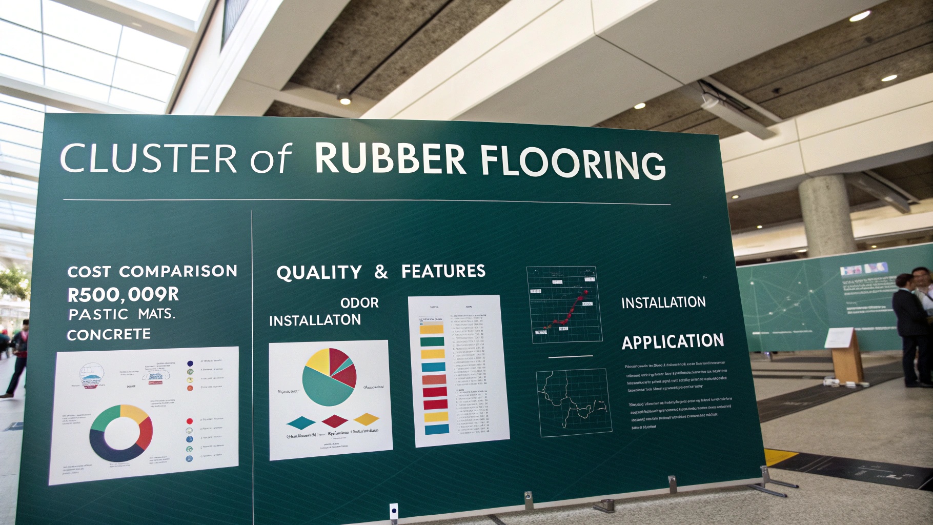![Informative display board detailing the cost, quality, installation, and application of rubber flooring at a trade show.,#placeholder_link]
