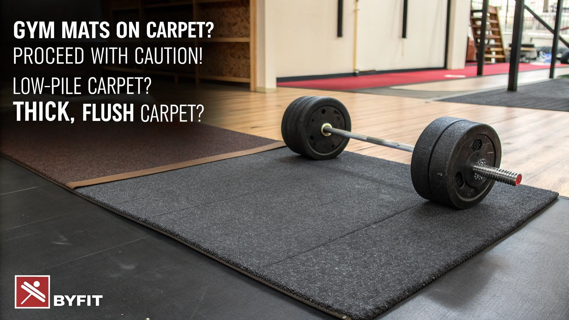 ![Weight bar on BYFIT gym mat placed over carpet.](#https://byfitgear.com/)