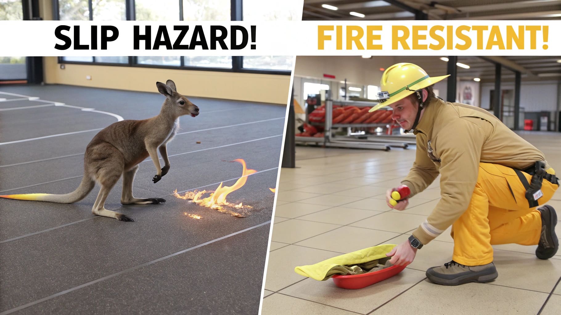 ![Kangaroo demonstrates slip hazard on subpar flooring, while fireman tests BYFIT's fire-resistant rubber flooring, emphasizing safety.](#https://byfitgear.com/blog/gym-flooring-safety-standards-in-australia-slip-resistance-and-fire-safety)

