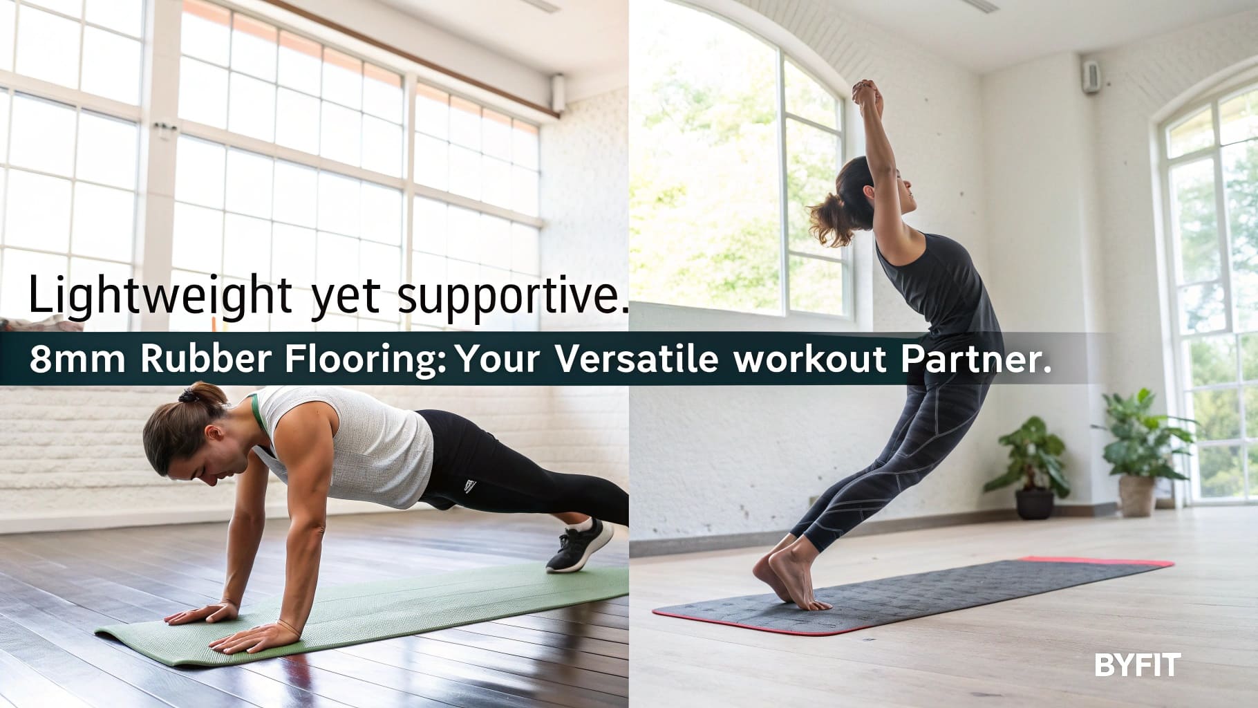 ![Individuals exercising on BYFIT 8mm rubber flooring mats.](#https://byfitgear.com/)