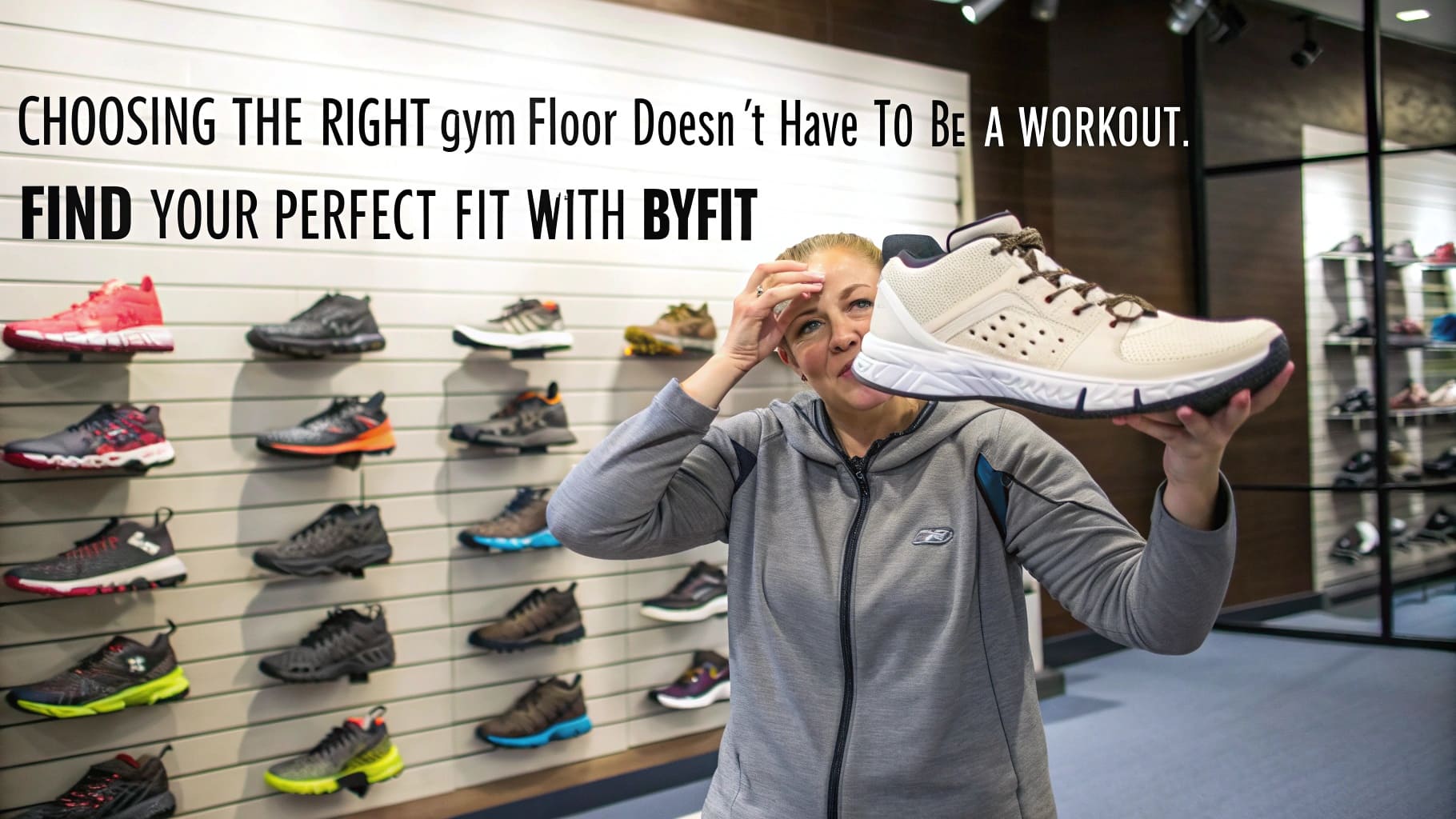 ![Woman holding a shoe, highlighting BYFIT's gym flooring options.](#https://byfitgear.com/)