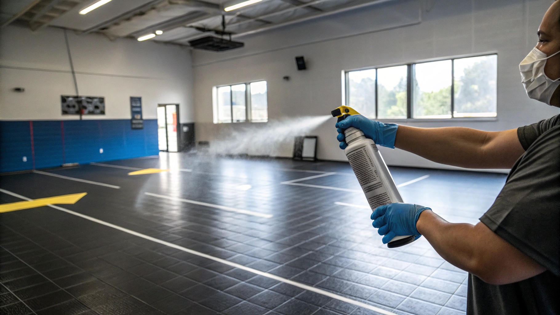 Air freshener spraying in a room with rubber flooring