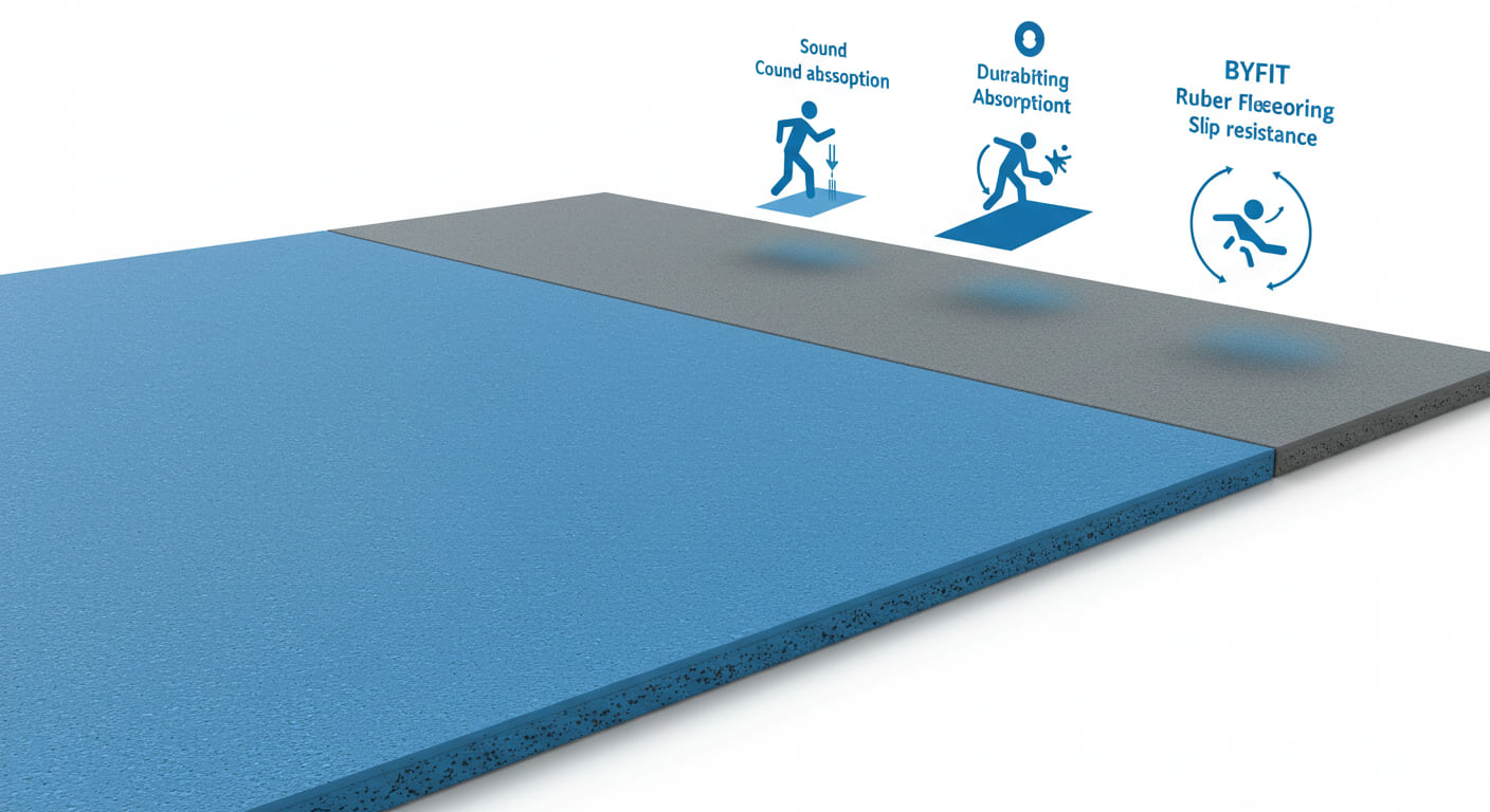![BYFIT rubber flooring features: sound absorption, durability, and slip resistance.](#placeholder_link4)