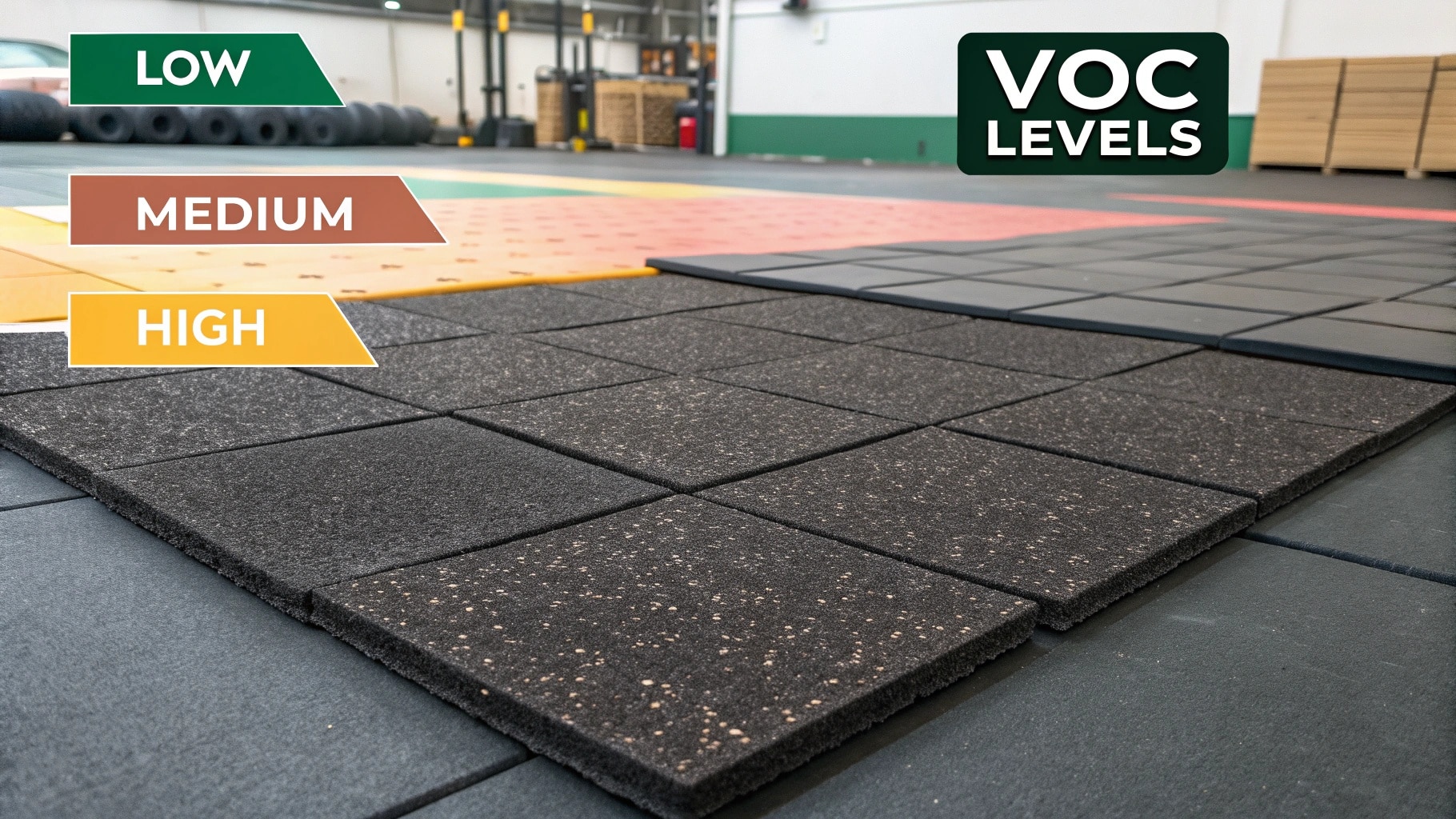 Different types of rubber flooring with labels indicating VOC levels