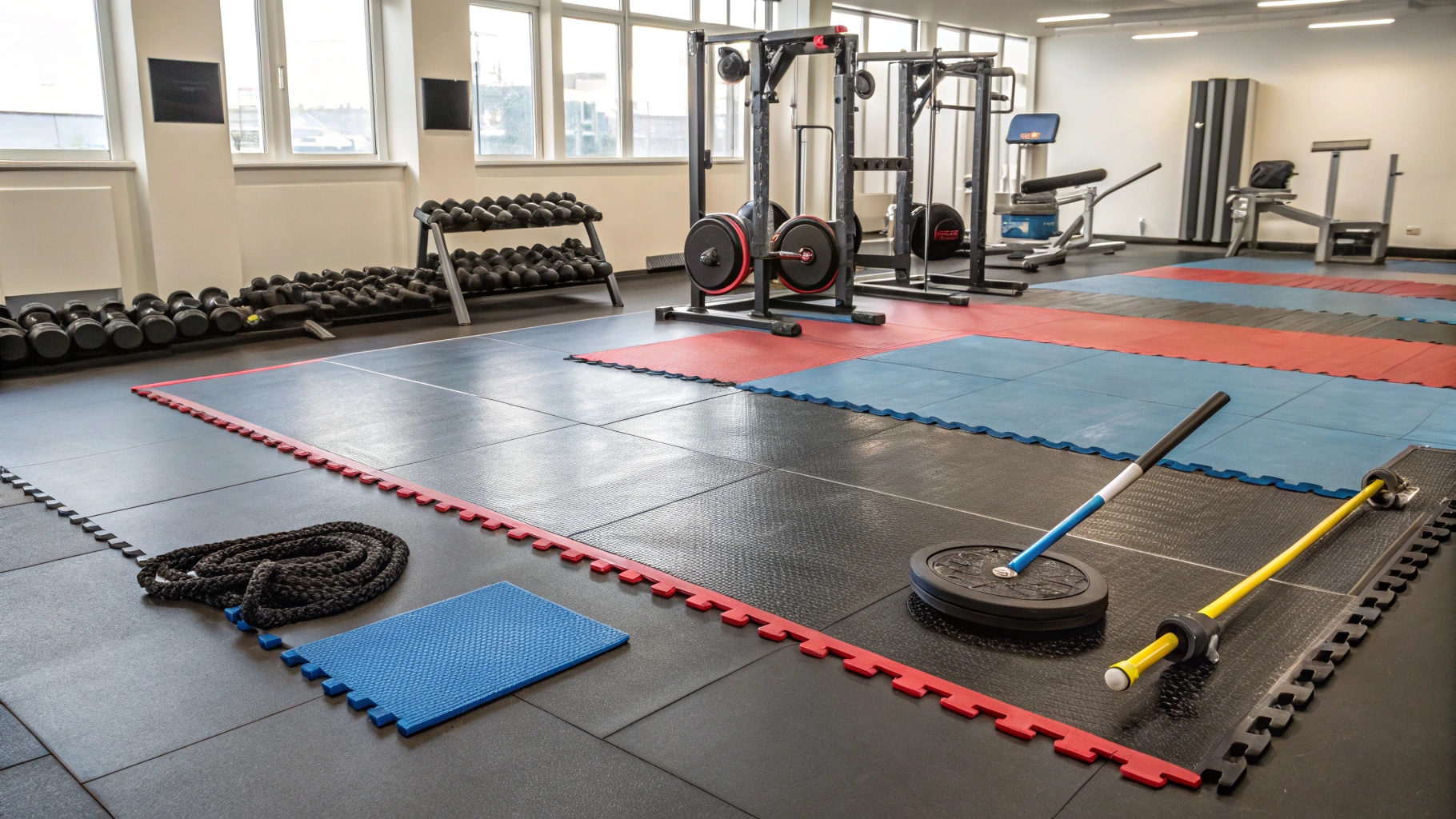 ![BYFIT gym flooring in a modern gym, showcasing durability and style.  Ideal for fitness centers.,#placeholder_link]
