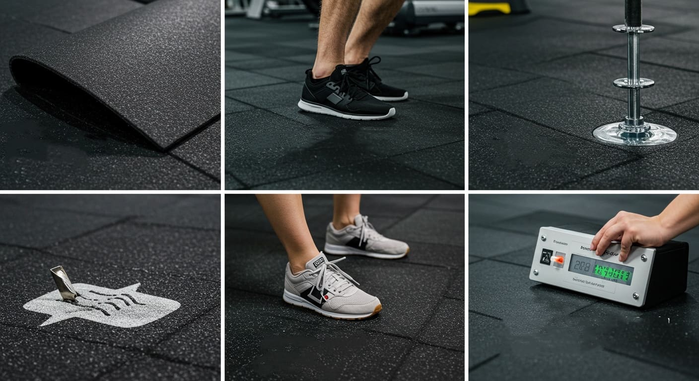 ![BYFIT rubber flooring showcasing its durability, shock absorption, and slip resistance; close-up shots.](#placeholder_link7)