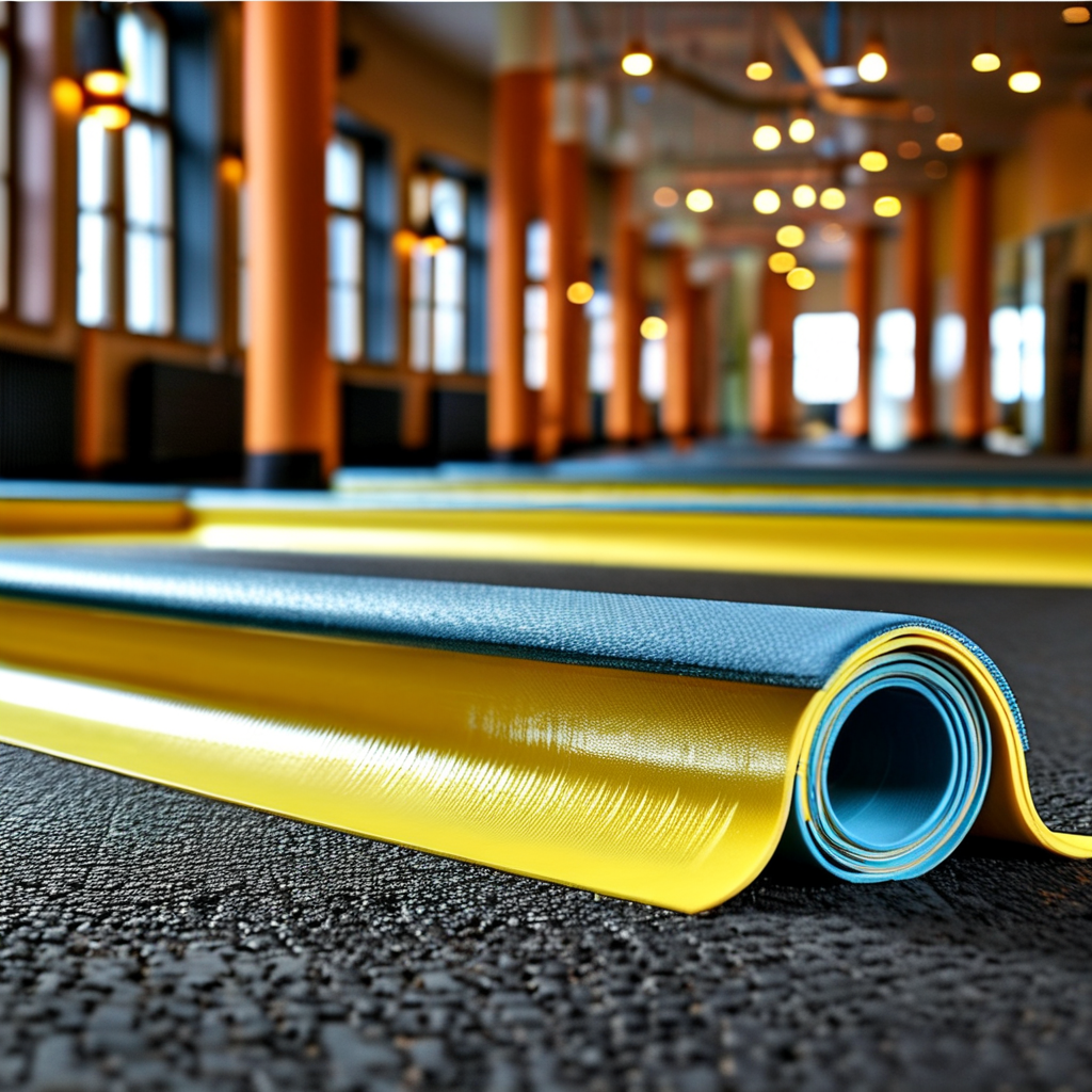 ![Close-up of rolled-up BYFIT gym flooring, highlighting the vibrant yellow and teal colors and durable construction.,#placeholder_link]
