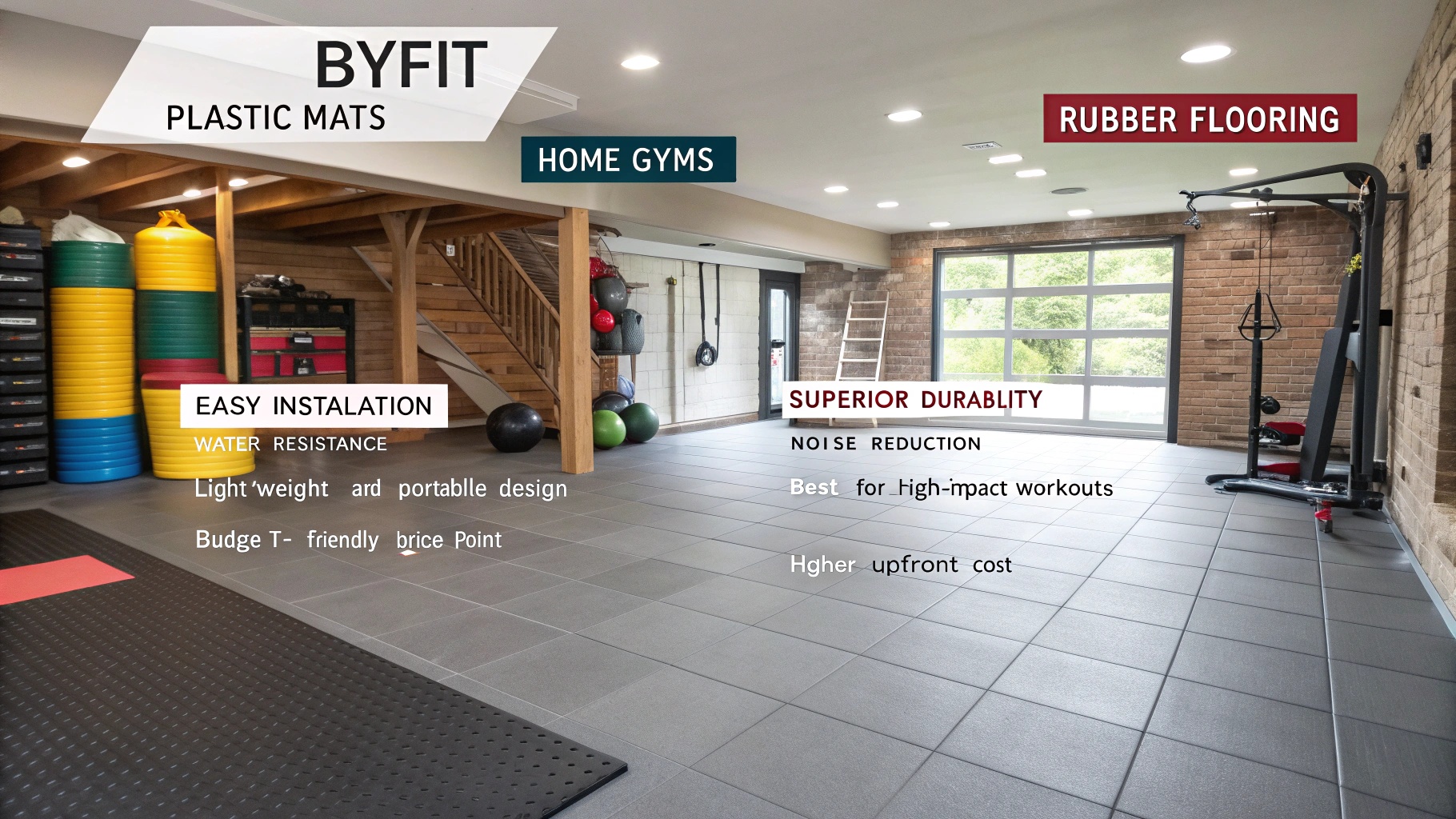 ![BYFIT flooring comparison: Plastic mats for home gyms vs. rubber flooring for high-impact workouts, highlighting features and benefits.,#placeholder_link]
