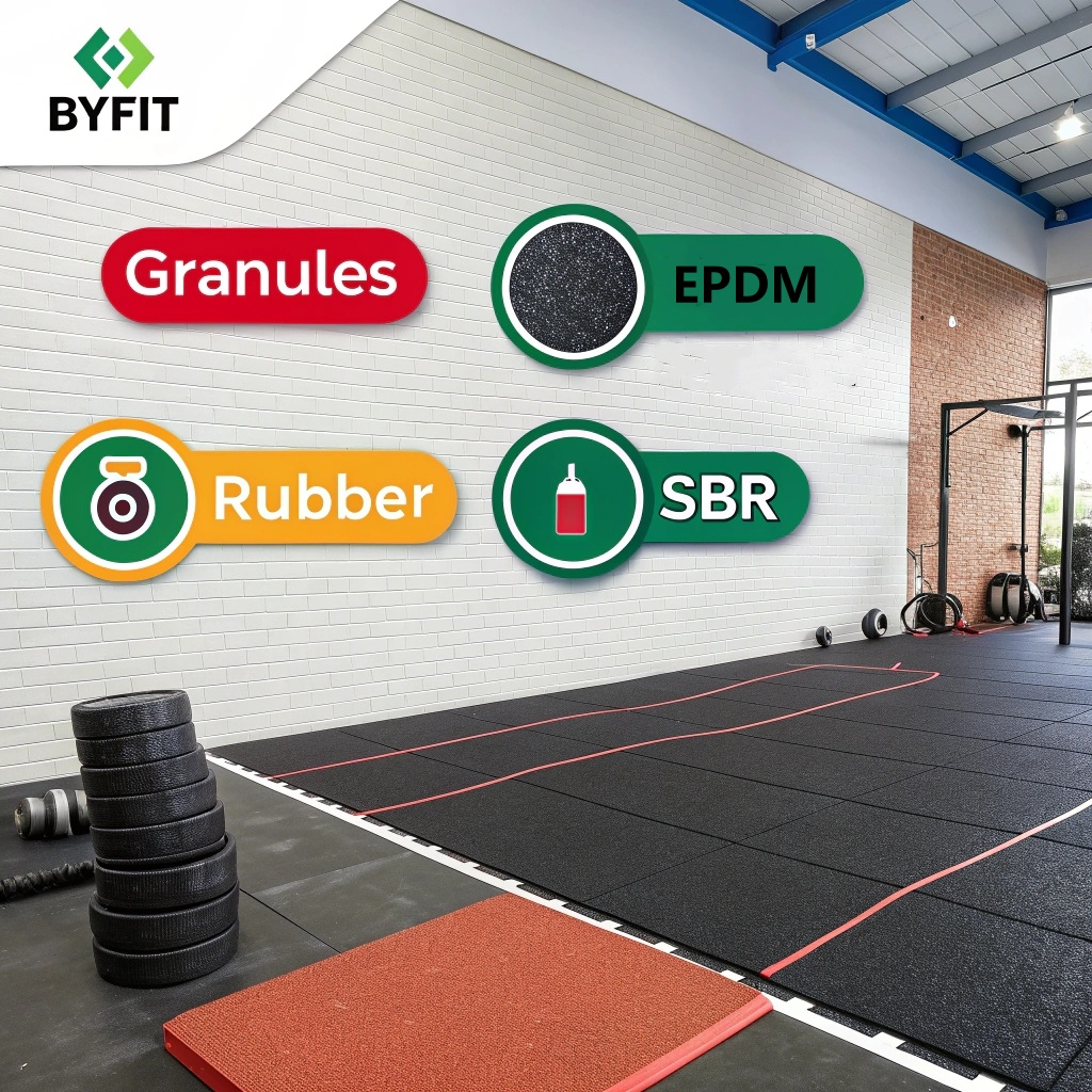 ![BYFIT gym rubber flooring materials, EPDM, SBR, Granules, Rubber. #byfitgear]
