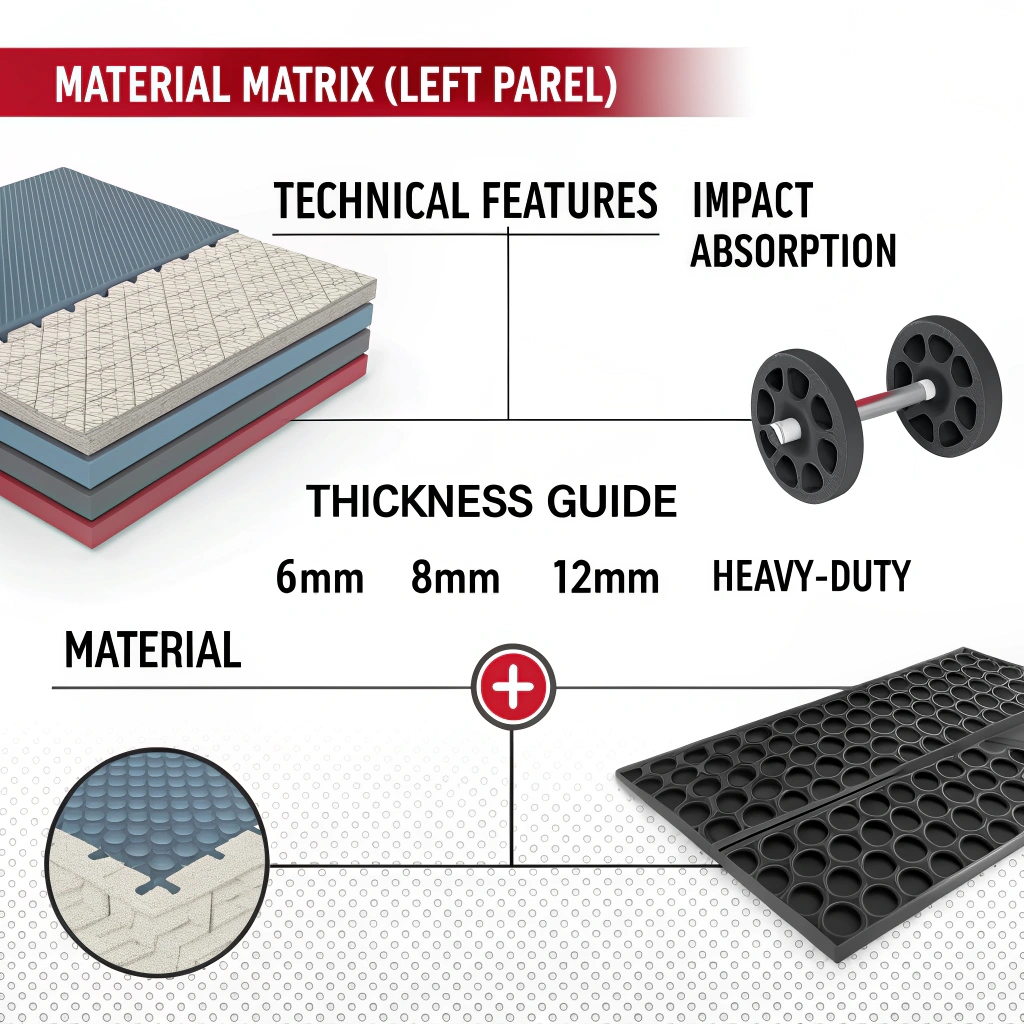 ![BYFIT rubber flooring material matrix, showcasing thickness options (6mm, 8mm, 12mm) and impact absorption.,#placeholder_link]
