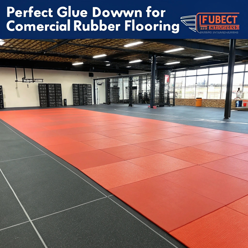 ![Commercial gym floor with red rubber flooring tiles, demonstrating perfect glue down installation for rubber flooring](#placeholder_link)
