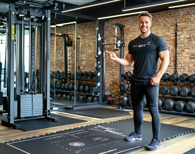 Show a happy client in their gym with BYFIT flooring, holding a sample or pointing to a floor section.